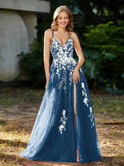 Robe de A-ligne en Tulle à Lacet et Col en V Bleu Encre Grande Taille
