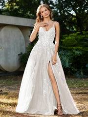 Robe de A-ligne en Tulle à Lacet et Col en V Ivoire