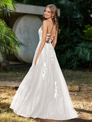 Robe de A-ligne en Tulle à Lacet et Col en V Ivoire