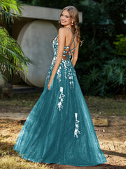 Robe de A-ligne en Tulle à Lacet et Col en V Jade