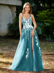 Robe de A-ligne en Tulle à Lacet et Col en V Jade