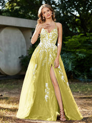 Robe de A-ligne en Tulle à Lacet et Col en V Citron Grande Taille