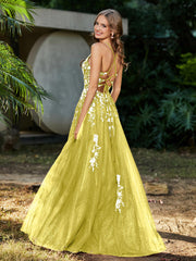 Robe de A-ligne en Tulle à Lacet et Col en V Citron Grande Taille
