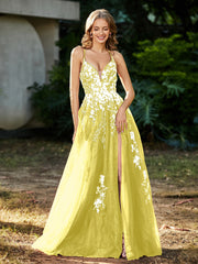 Robe de A-ligne en Tulle à Lacet et Col en V Citron