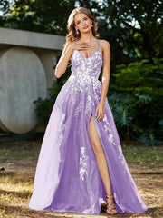 Robe de A-ligne en Tulle à Lacet et Col en V Lilas