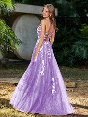 Robe de A-ligne en Tulle à Lacet et Col en V Lilas Grande Taille