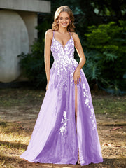 Robe de A-ligne en Tulle à Lacet et Col en V Lilas Grande Taille