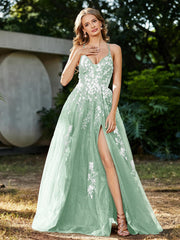 Robe de A-ligne en Tulle à Lacet et Col en V Vert Menthe Grande Taille