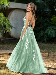 Robe de A-ligne en Tulle à Lacet et Col en V Vert Menthe Grande Taille