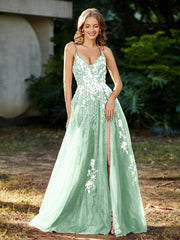 Robe de A-ligne en Tulle à Lacet et Col en V Vert Menthe