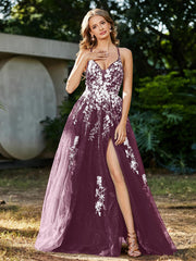 Robe de A-ligne en Tulle à Lacet et Col en V Mûre Grande Taille