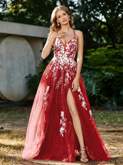 Robe de A-ligne en Tulle à Lacet et Col en V Rouge Grande Taille