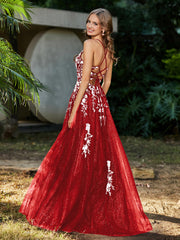 Robe de A-ligne en Tulle à Lacet et Col en V Rouge
