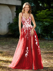 Robe de A-ligne en Tulle à Lacet et Col en V Rouge
