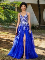 Robe de A-ligne en Tulle à Lacet et Col en V Bleu Royale