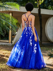 Robe de A-ligne en Tulle à Lacet et Col en V Bleu Royale