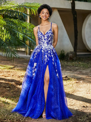 Robe de A-ligne en Tulle à Lacet et Col en V Bleu Royale
