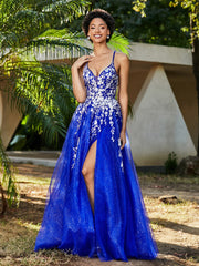 Robe de A-ligne en Tulle à Lacet et Col en V Bleu Royale
