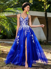 Robe de A-ligne en Tulle à Lacet et Col en V Bleu Royale