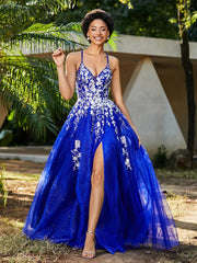 Robe de A-ligne en Tulle à Lacet et Col en V Bleu Royale