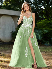 Robe de A-ligne en Tulle à Lacet et Col en V Sauge
