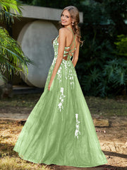 Robe de A-ligne en Tulle à Lacet et Col en V Sauge