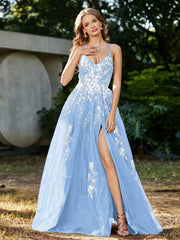Robe de A-ligne en Tulle à Lacet et Col en V Bleu Ciel Grande Taille