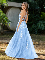 Robe de A-ligne en Tulle à Lacet et Col en V Bleu Ciel Grande Taille