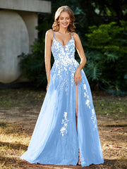 Robe de A-ligne en Tulle à Lacet et Col en V Bleu Ciel