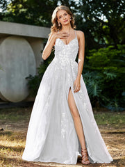 Robe de A-ligne en Tulle à Lacet et Col en V Blanc Grande Taille