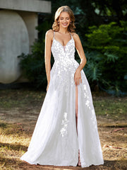 Robe de A-ligne en Tulle à Lacet et Col en V Blanc