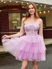 Robe courte sans bretelles avec haut corset à plusieurs niveaux en tulle Lilas