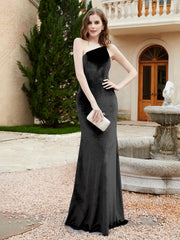 Robe Fourreau en Velours à Une Épaule et Bretelles Spaghetti Noir Grande Taille