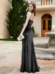 Robe Fourreau en Velours à Une Épaule et Bretelles Spaghetti Noir Grande Taille