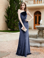 Robe Fourreau en Velours à Une Épaule et Bretelles Spaghetti Bleu Marine Grande Taille