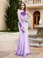 Robe Fourreau en Velours à Une Épaule et Bretelles Spaghetti Lilas