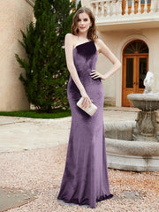 Robe Fourreau en Velours à Une Épaule et Bretelles Spaghetti Plum