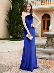 Robe Fourreau en Velours à Une Épaule et Bretelles Spaghetti Bleu Royale Grande Taille