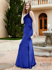 Robe Fourreau en Velours à Une Épaule et Bretelles Spaghetti Bleu Royale Grande Taille