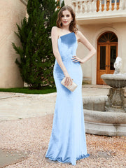 Robe Fourreau en Velours à Une Épaule et Bretelles Spaghetti Bleu Ciel Grande Taille