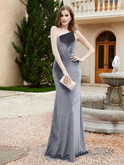 Robe Fourreau en Velours à Une Épaule et Bretelles Spaghetti Gris Acier Grande Taille