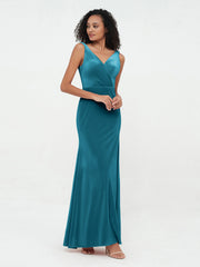Robes Sirène Maxi en Velours avec Décolleté en V Bleu Encre Grande Taille