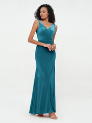 Robes Sirène Maxi en Velours avec Décolleté en V Bleu Encre