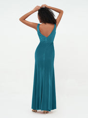 Robes Sirène Maxi en Velours avec Décolleté en V Bleu Encre