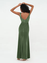 Robes Sirène Maxi en Velours avec Décolleté en V Olive Verte Grande Taille