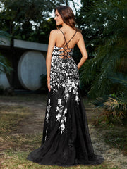 Robe Sirène en Tulle à Lacet et Col en V Noir Grande Taille