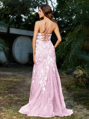 Robe Sirène en Tulle à Lacet et Col en V Rose Pâle