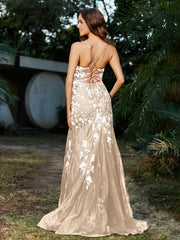 Robe Sirène en Tulle à Lacet et Col en V Champagne