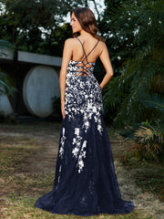 Robe Sirène en Tulle à Lacet et Col en V Bleu Marine Grande Taille