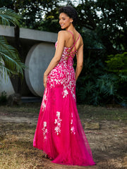 Robe Sirène en Tulle à Lacet et Col en V Fuchsia